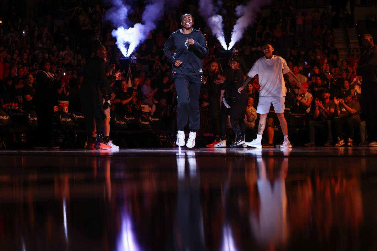 Las Vegas Aces guard Tiffany Hayes is announced in the starting lineup before a WNBA basketball ...