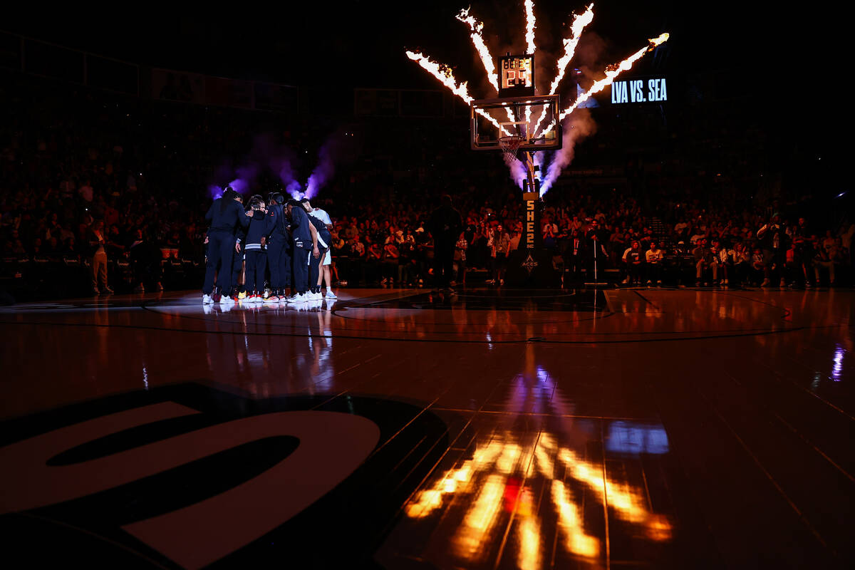 The Las Vegas Aces gather before a WNBA basketball game against the Seattle Storm at Michelob U ...