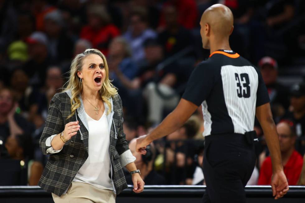 Las Vegas Aces head coach Becky Hammon shouts at a referee during the first half of a WNBA bask ...