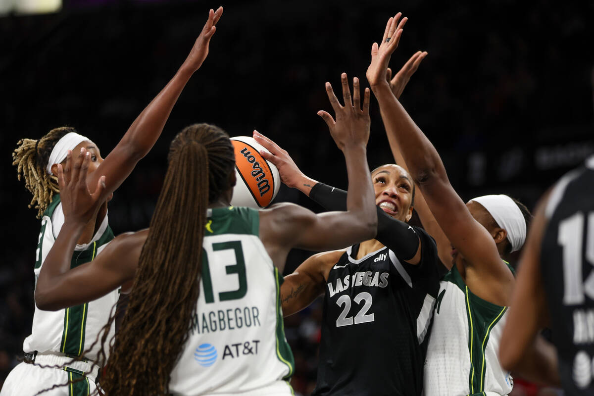 Las Vegas Aces center A'ja Wilson (22) shoots while the Seattle Storm defend during the second ...