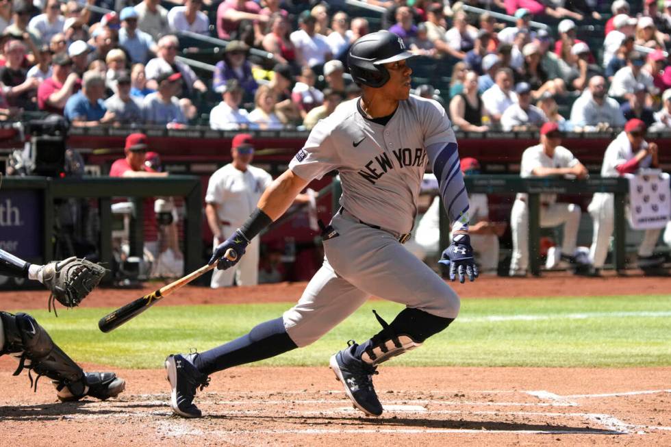 New York Yankees right fielder Juan Soto (22) in the first inning during a baseball game agains ...