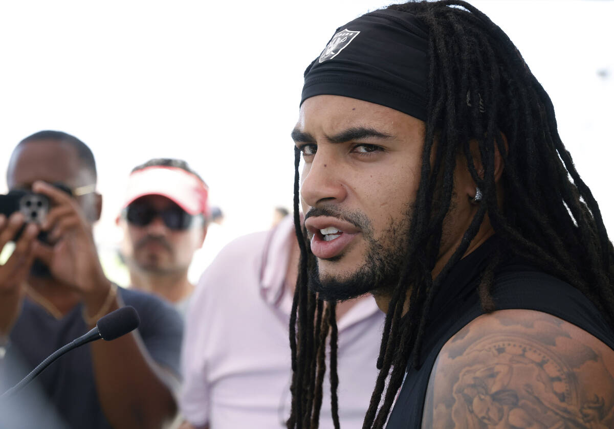 Raiders safety Tre'von Moehrig addresses the media after an NFL football practice at the Interm ...