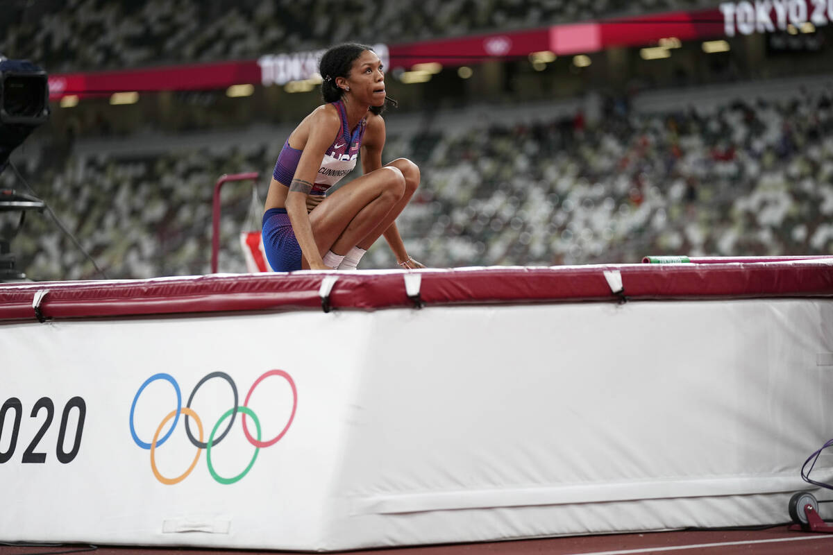 Vashti Cunningham, of the United States, reacts after an attempt in the women's high jump final ...