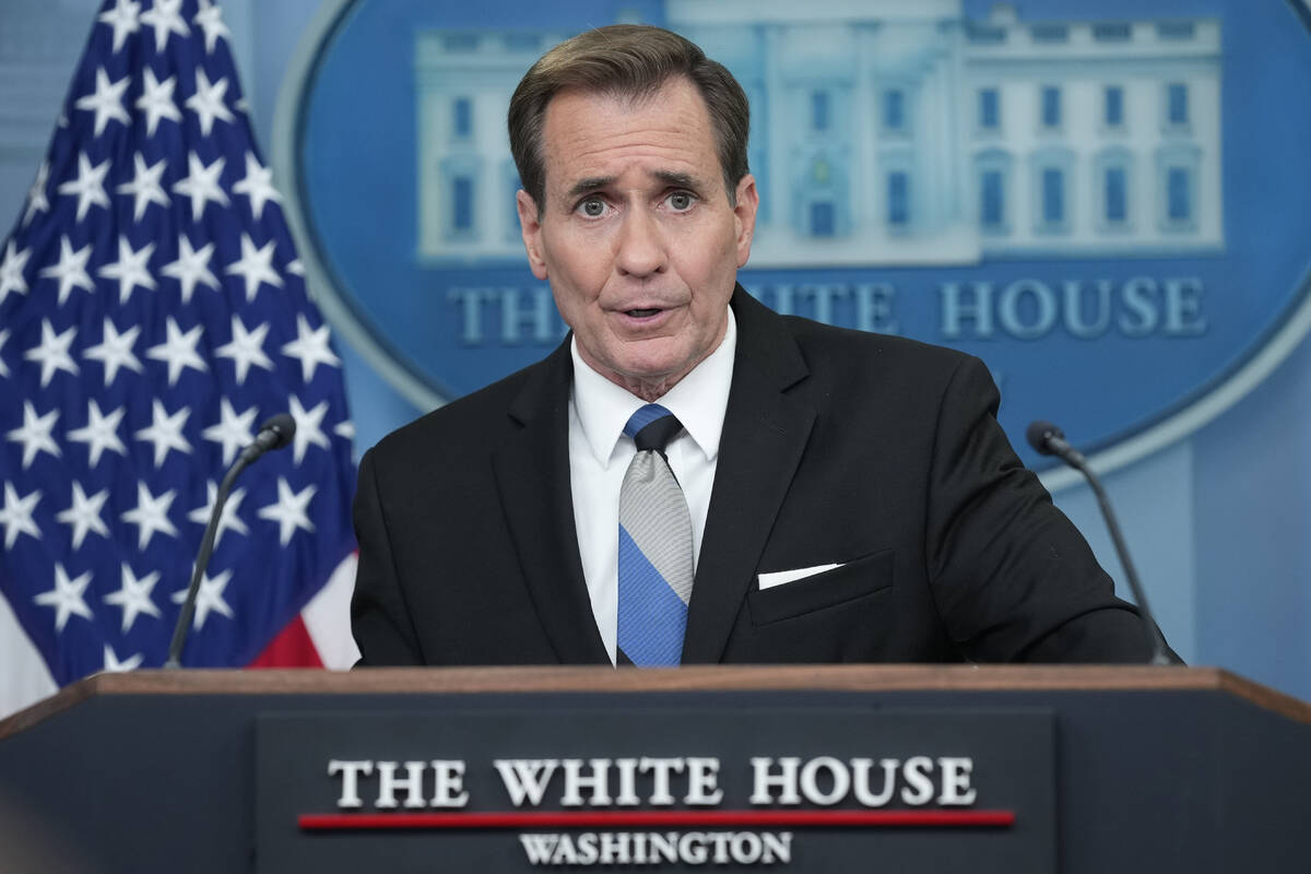 National Security Council spokesman John Kirby speaks during the daily briefing at the White Ho ...