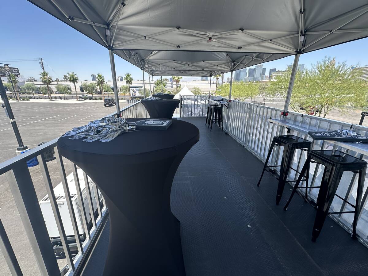 On the rooftop deck of a premium tailgate space at Allegiant Stadium on Thursday, June 20, 2024 ...