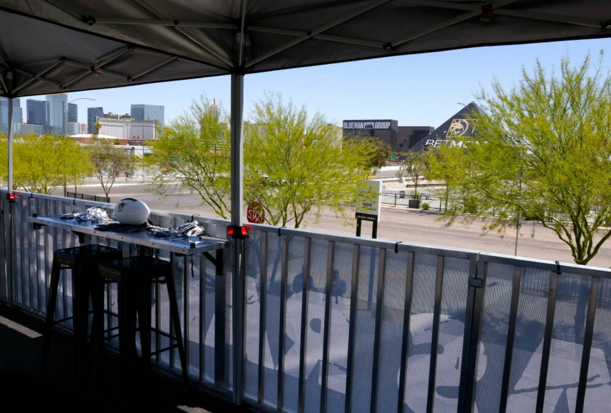 The Las Vegas strip is seen from the Raiders premium tailgate space, stationed outside of Alleg ...