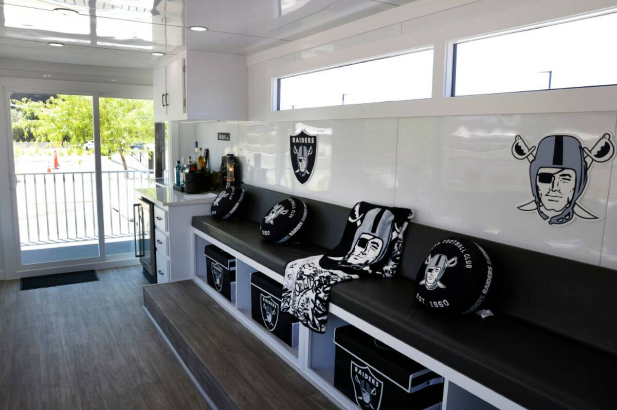 The interior of Raiders premium tailgate space, stationed outside of Allegiant Stadium, is seen ...