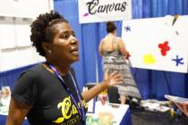 Shantalle Caldwell, owner of Canvas and Cocktails, speaks during an interview with the Review-J ...