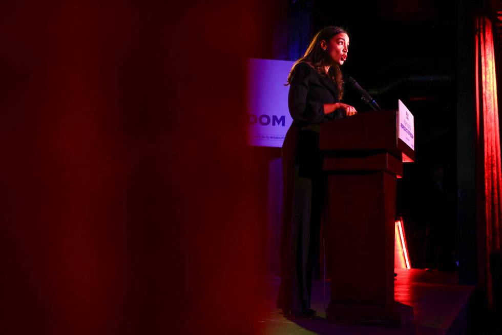 Rep. Alexandria Ocasio-Cortez, D-N.Y., speaks during a rally for the Biden-Harris presidential ...