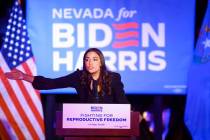 Rep. Alexandria Ocasio-Cortez, D-N.Y., speaks during a rally for the Biden-Harris presidential ...
