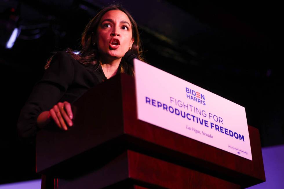 Rep. Alexandria Ocasio-Cortez, D-N.Y., speaks during a rally for the Biden-Harris presidential ...