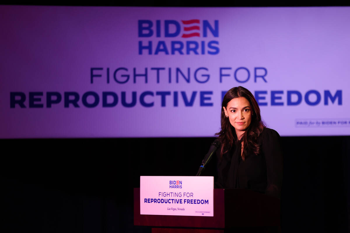 Rep. Alexandria Ocasio-Cortez, D-N.Y., speaks during a rally for the Biden-Harris presidential ...