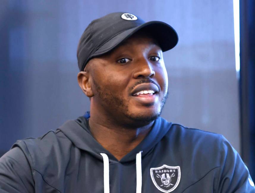 Raiders assistant special teams coach Derius Swinton II speaks to the media at the Intermountai ...