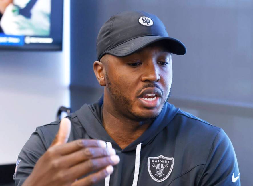 Raiders assistant special teams coach Derius Swinton II speaks to the media at the Intermountai ...