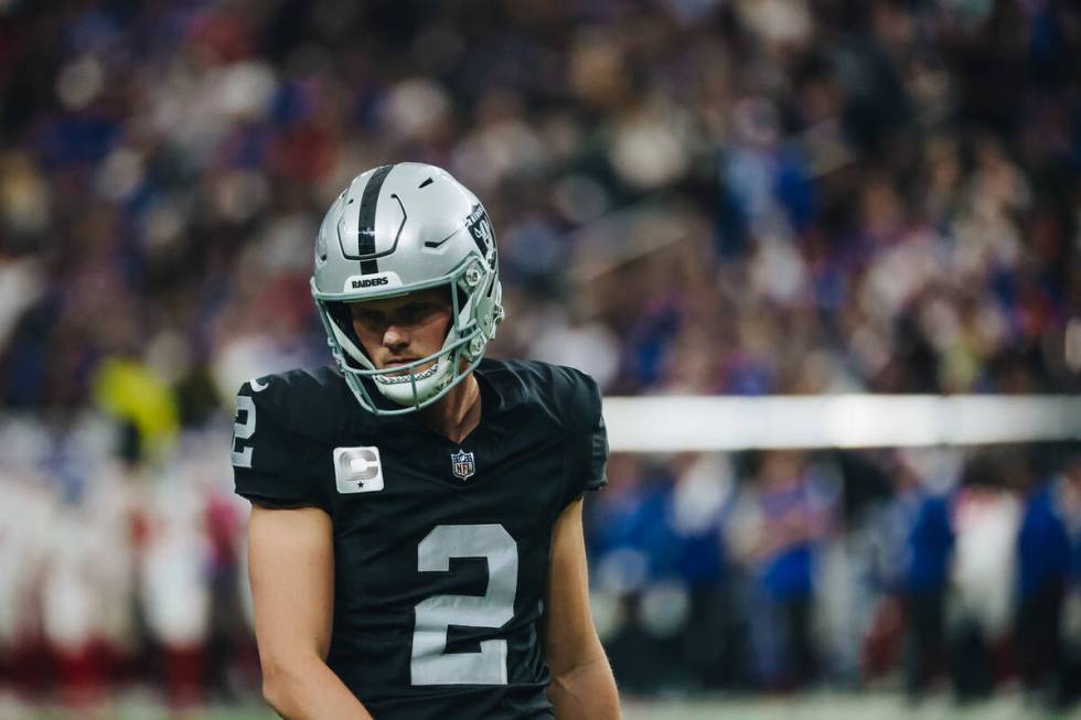 Raiders place kicker Daniel Carlson (2) is seen during a game against the New York Giants at Al ...