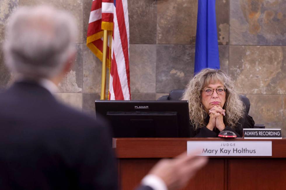 District Court Judge Mary Kay Holthus listens to Richard Wright, attorney for Nevada Republican ...