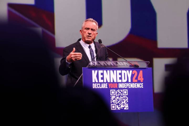 Independent presidential candidate Robert F. Kennedy speaks to a crowd at Area 15 in Las Vegas, ...