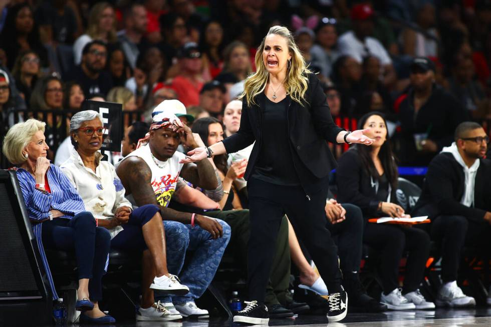 Las Vegas Aces head coach Becky Hammon shouts from the sideline during the first half of a WNBA ...