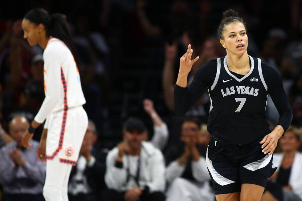 Las Vegas Aces forward Alysha Clark (7) reacts after scoring a three-point basket during the fi ...