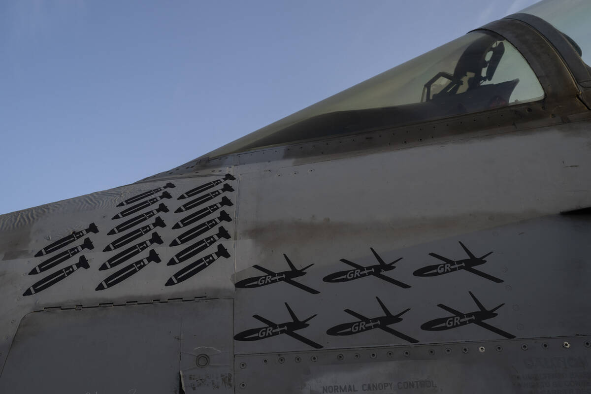 FILE - Drawings of drones and missiles that have been shot down are painted on the fuselage of ...