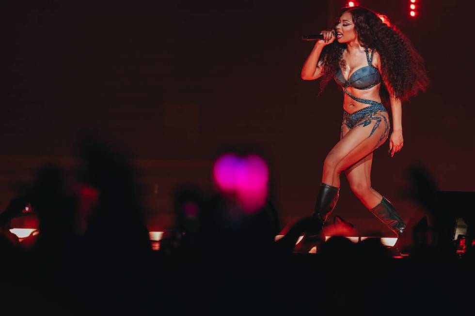 Megan Thee Stallion performs during the Hot girl Summer Tour at MGM Grand Garden Arena on Satur ...