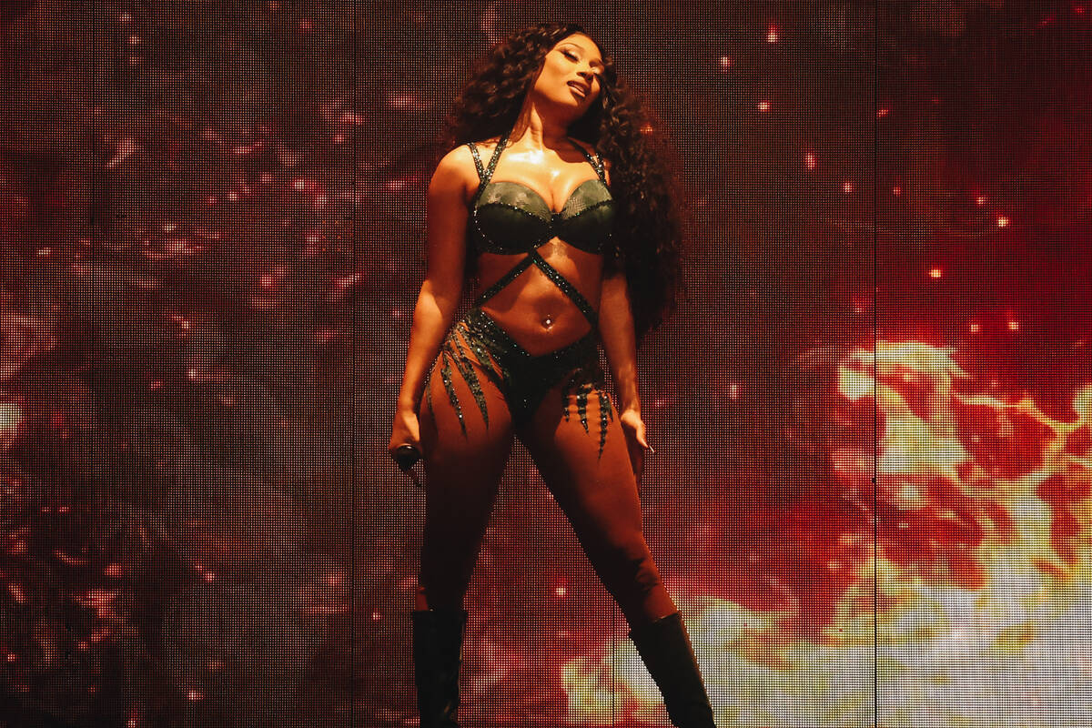 Megan Thee Stallion performs during the Hot girl Summer Tour at MGM Grand Garden Arena on Satur ...