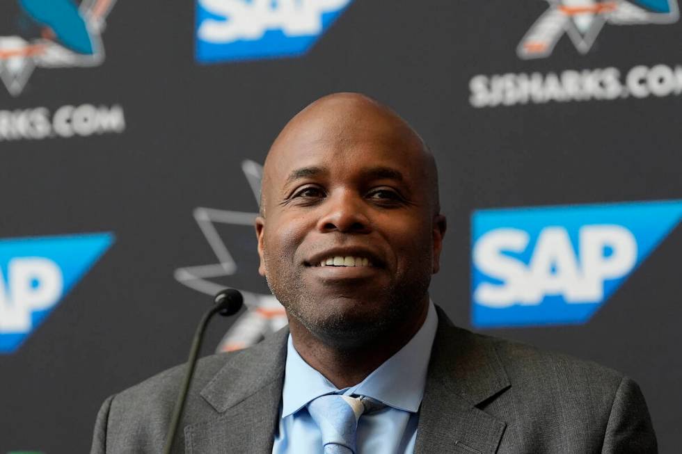 San Jose Sharks general manager Mike Grier speaks at a news conference introducing Ryan Warsofs ...
