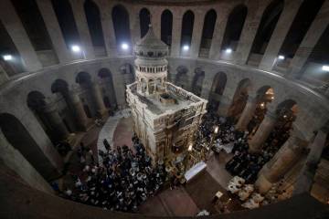 FILE - Latin Patriarch of Jerusalem Pierbattista Pizzaballa leads the Easter Sunday Mass at the ...