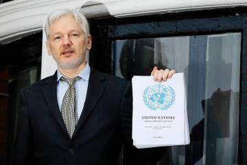WikiLeaks founder Julian Assange speaks on the balcony of the Ecuadorean Embassy in London, Feb ...