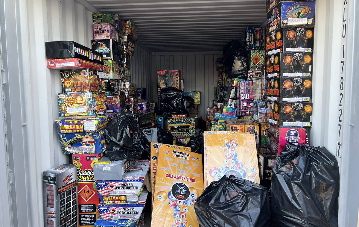 A box truck is stacked with illegal fireworks confiscated over the weekend by the Metropolitan ...