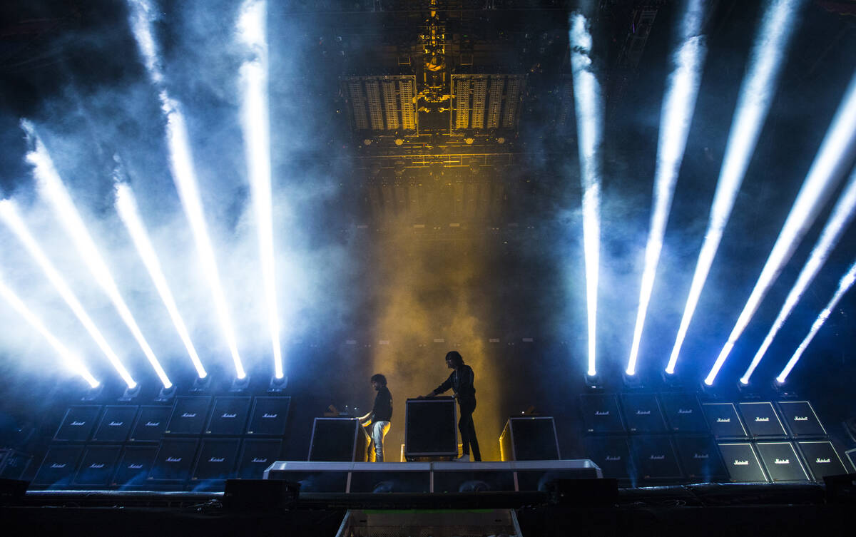 French electronic duo Justice performs at the Downtowner stage during the first day of the annu ...