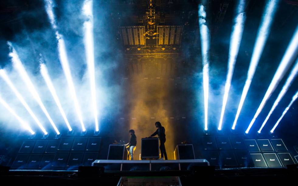 French electronic duo Justice performs at the Downtowner stage during the first day of the annu ...