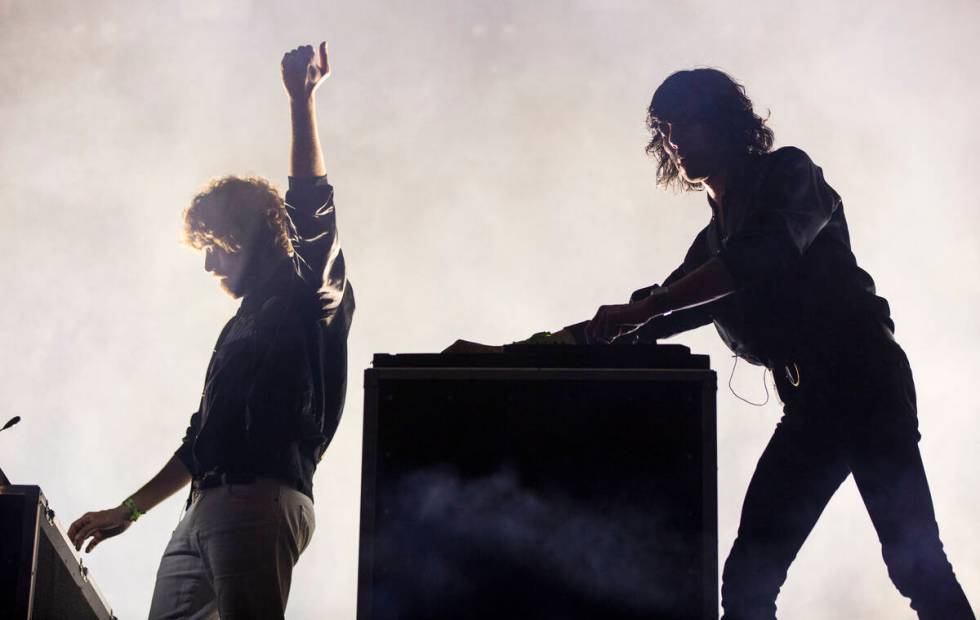 French electronic duo Justice performs at the Downtowner stage during the first day of the annu ...