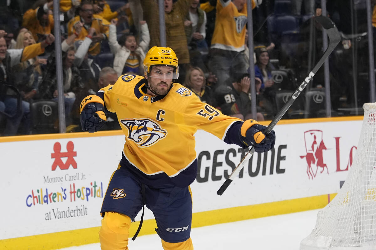 Nashville Predators defenseman Roman Josi (59) celebrates his game winning goal at the end of o ...