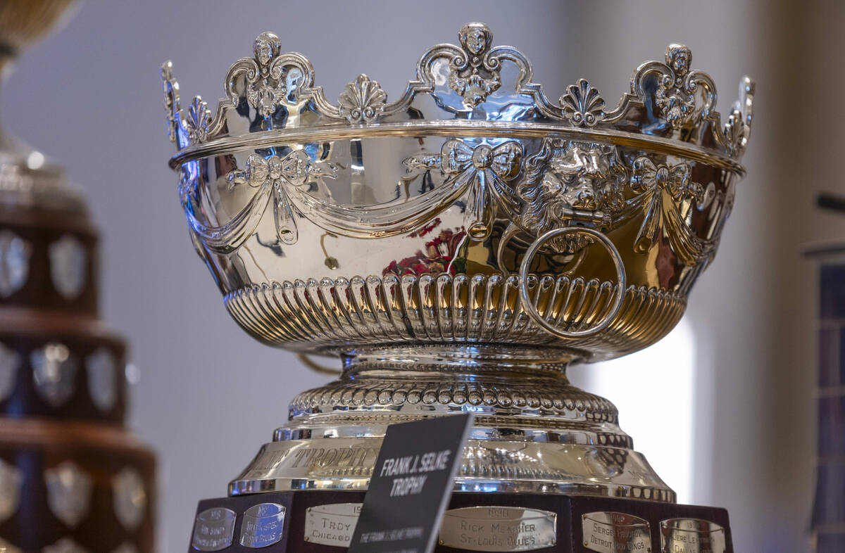 The Frank J. Selke Trophy is one the 18 NHL trophies on display as the awards event is tomorrow ...