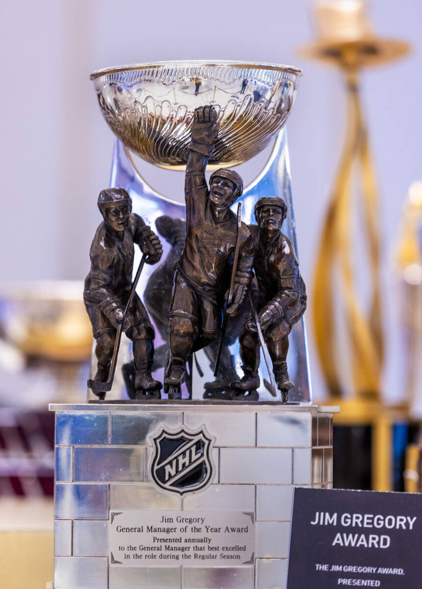 The Jim Gregory Award is one the 18 NHL trophies on display as the awards event is tomorrow nig ...