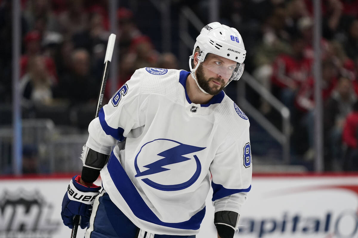 Tampa Bay Lightning right wing Nikita Kucherov skates in the second period of an NHL hockey gam ...