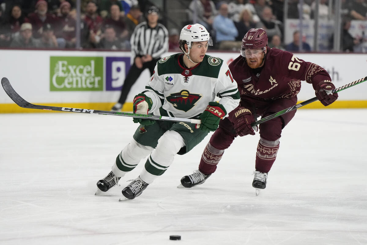 Minnesota Wild defenseman Brock Faber (7) in the first period during an NHL hockey game against ...