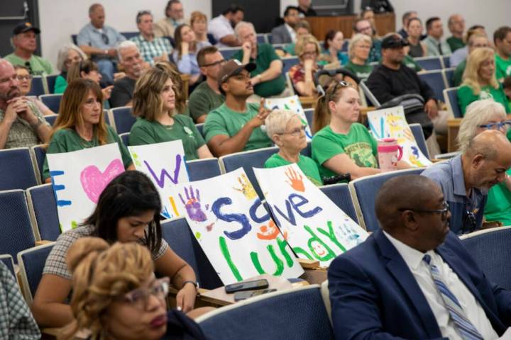 Members of the Mt. Charleston community listen during a Clark County School Board meeting at th ...