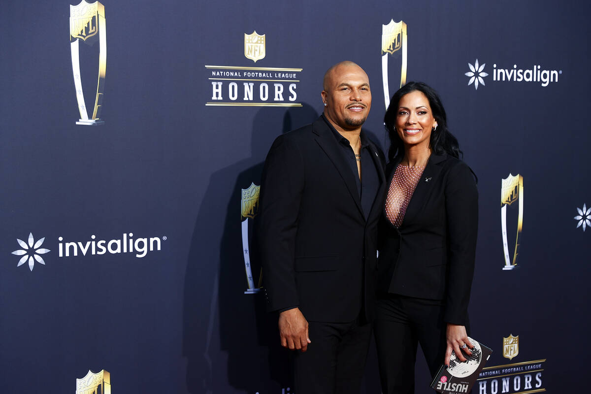 Las Vegas Raiders head coach Antonio Pierce and his wife Jocelyn Pierce walk on the red carpet ...