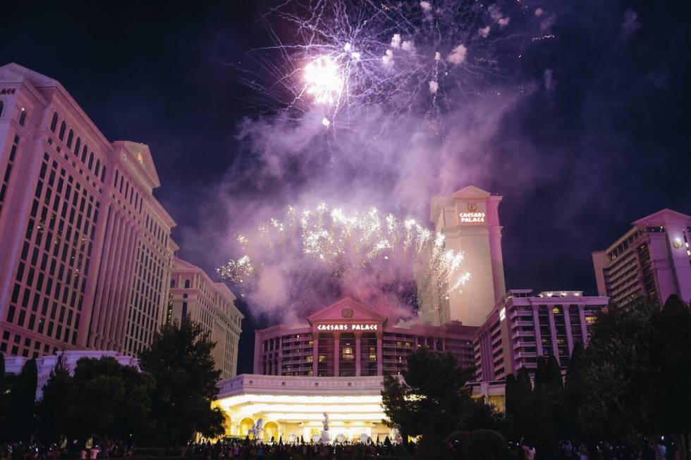 Fireworks go off on Tuesday, July 4, 2023, at Caesars Palace in Las Vegas. (Madeline Carter/Las ...