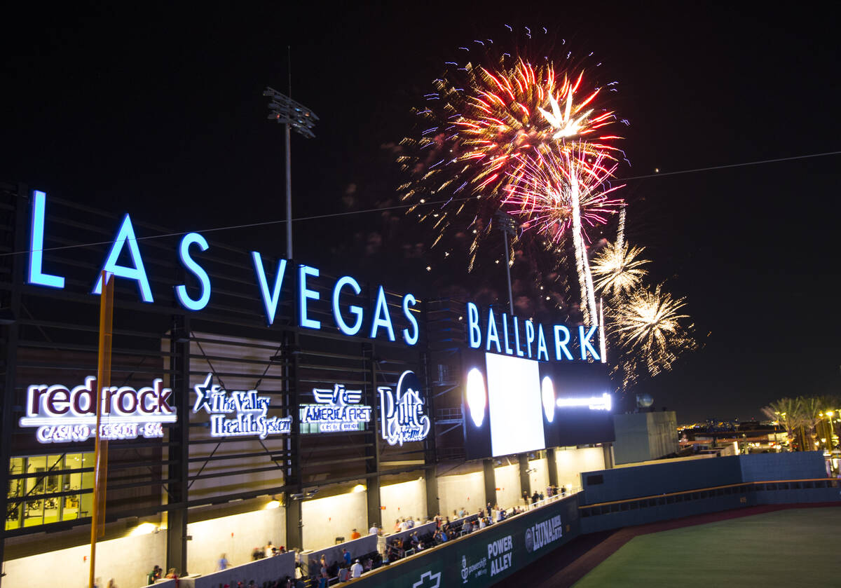 Fireworks go off above Las Vegas Ballpark after the Las Vegas Aviators defeated the Reno Aces i ...