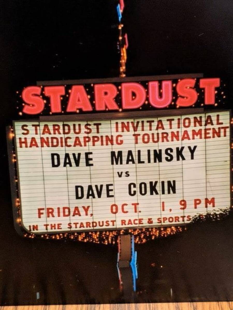 The marquee on the Stardust shows Dave Cokin's matchup for a handicapping contest in an undated ...