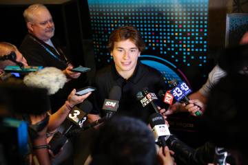 Macklin Celebrini, the presumptive No. 1 pick in the upcoming NHL Draft, speaks to the press af ...