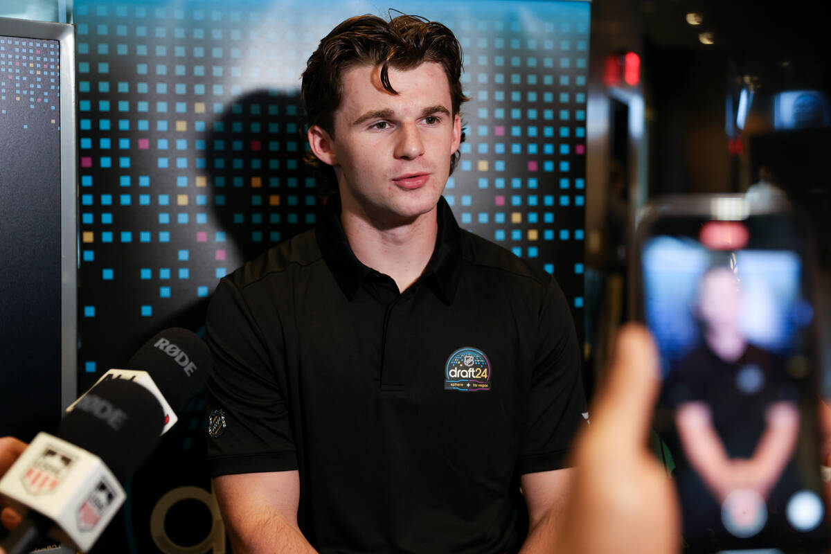 Cole Eiserman, a top NHL Draft prospect, speaks to the press after the NHL Draft Prospect Youth ...