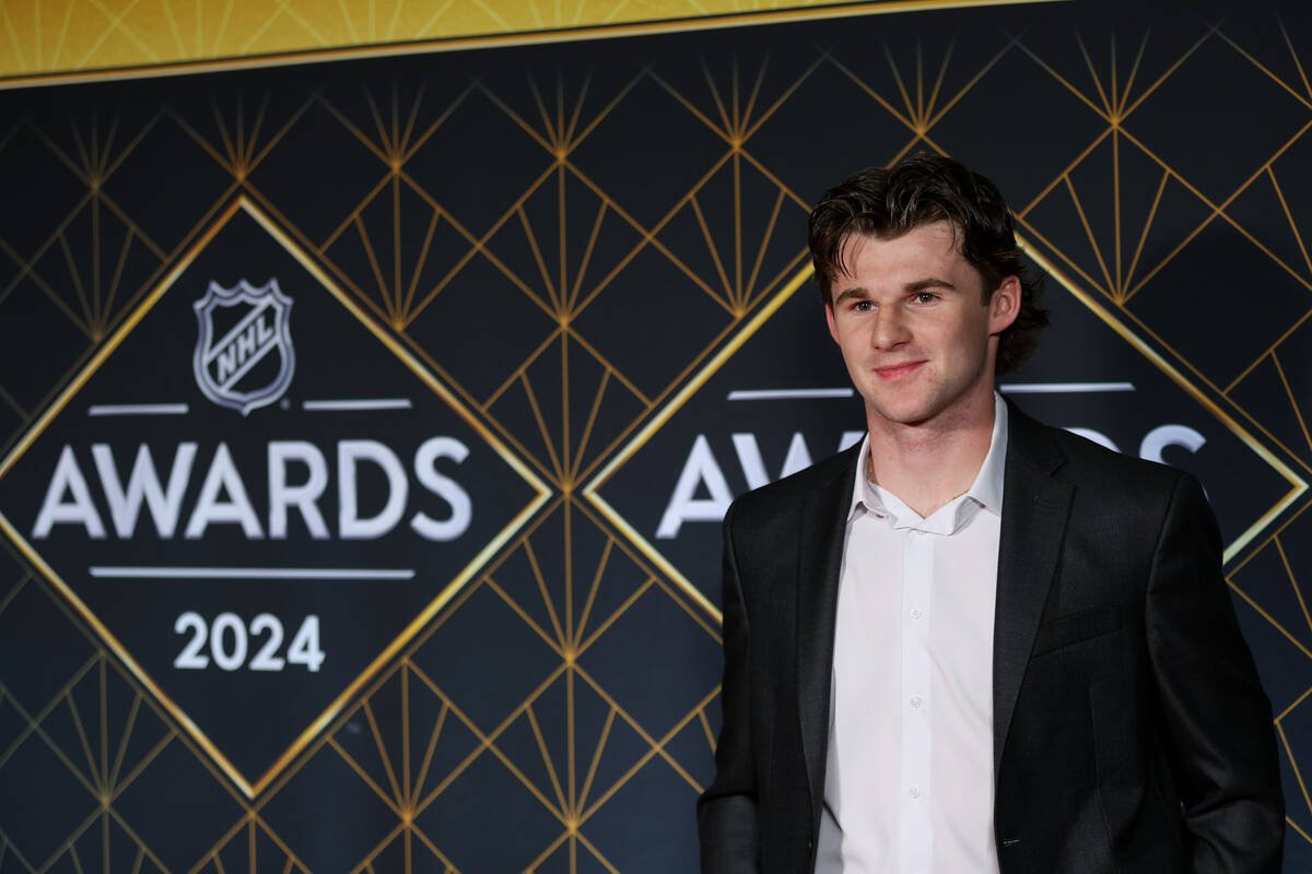 Draft prospect Cole Eiserman poses on the red carpet before the NHL Awards at Fontainebleau on ...