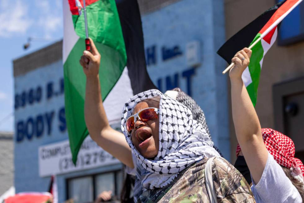 FILE - A pro-Palestinian protester shouts slogans near Adas Torah synagogue, June 23, 2024 in L ...