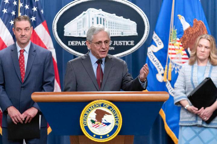 Attorney General Merrick Garland speaks during a news conference at the Department of Justice h ...