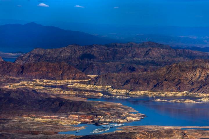 Land is exposed about Callville Bay and the narrows where once was water along the Lake Mead sh ...