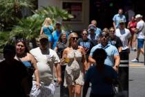 Tourists walk along the Strip, Thursday, June 27, 2024, in Las Vegas. (Daniel Jacobi II/Las Veg ...